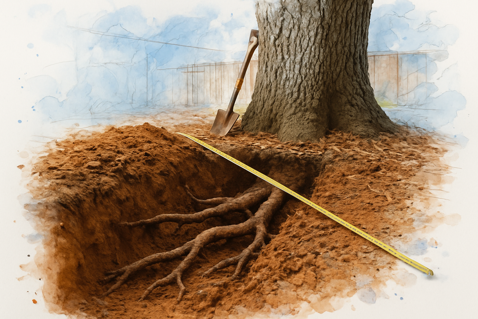 Hand-dug trench beside an oak trunk with large structural roots left intact in heavy clay soil