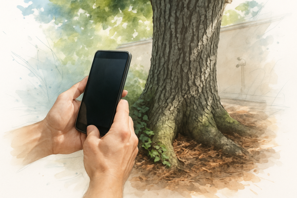 Homeowner photographing the base of a mature oak trunk with mulch pulled back from the root flare