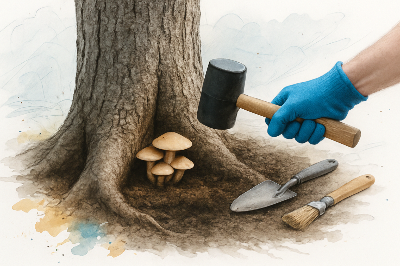 Arborist sounding a tree trunk with a mallet after excavating soil away from the root collar