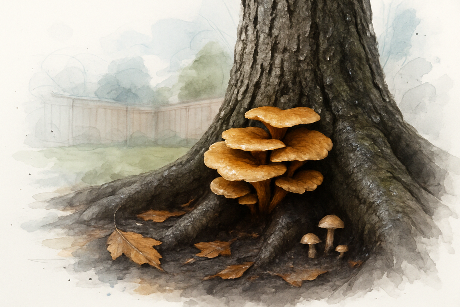 Shelf-like fungus and mushrooms growing at the base of a tree trunk in wet soil after rain