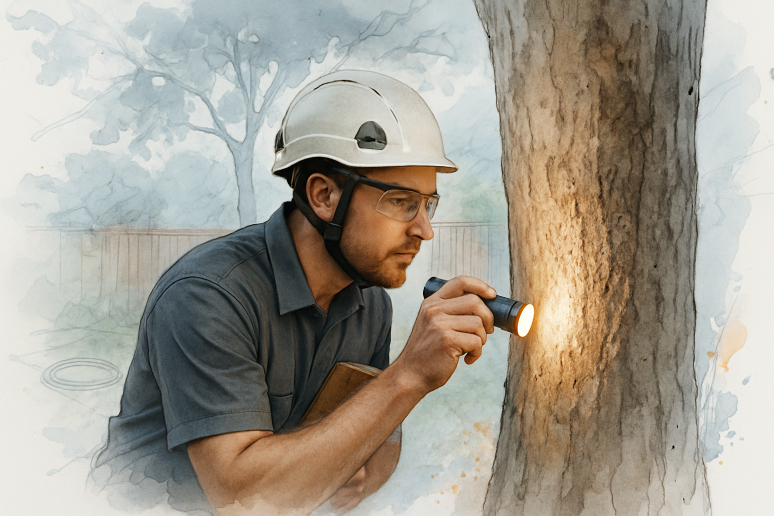 Arborist using a flashlight at a low angle to inspect sycamore bark for small round beetle entry holes