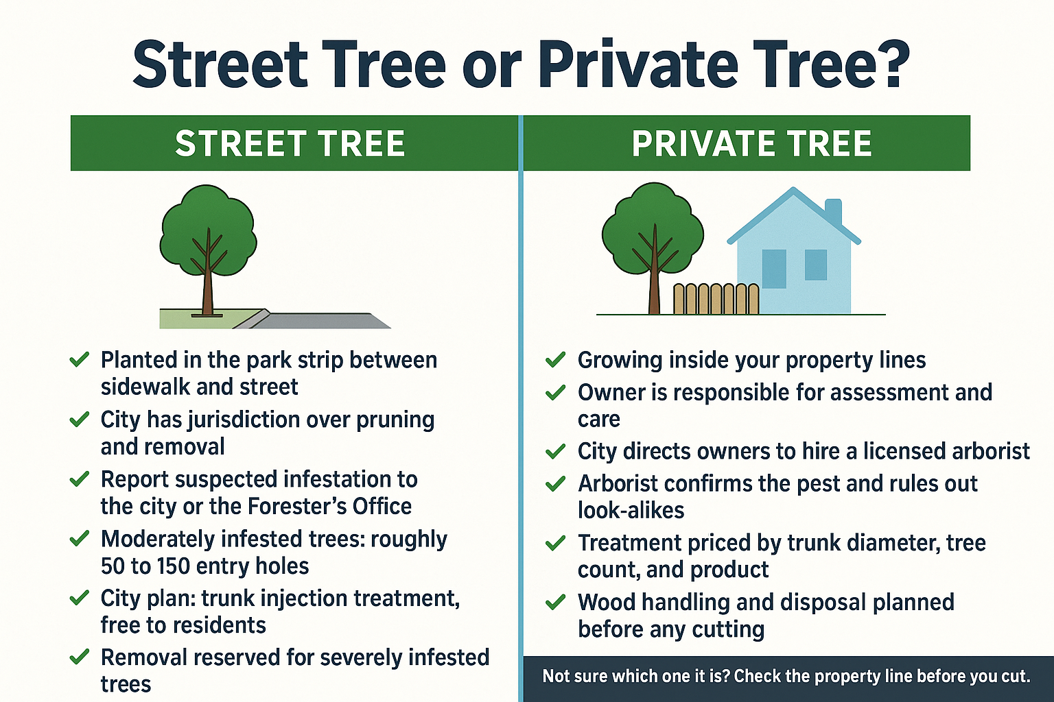 Infographic comparing city street tree and private tree responsibilities for invasive shothole borer in San Jose