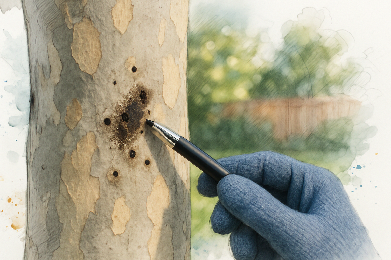 Round pen-tip sized holes and dark staining on a sycamore trunk, a sign of invasive shothole borer