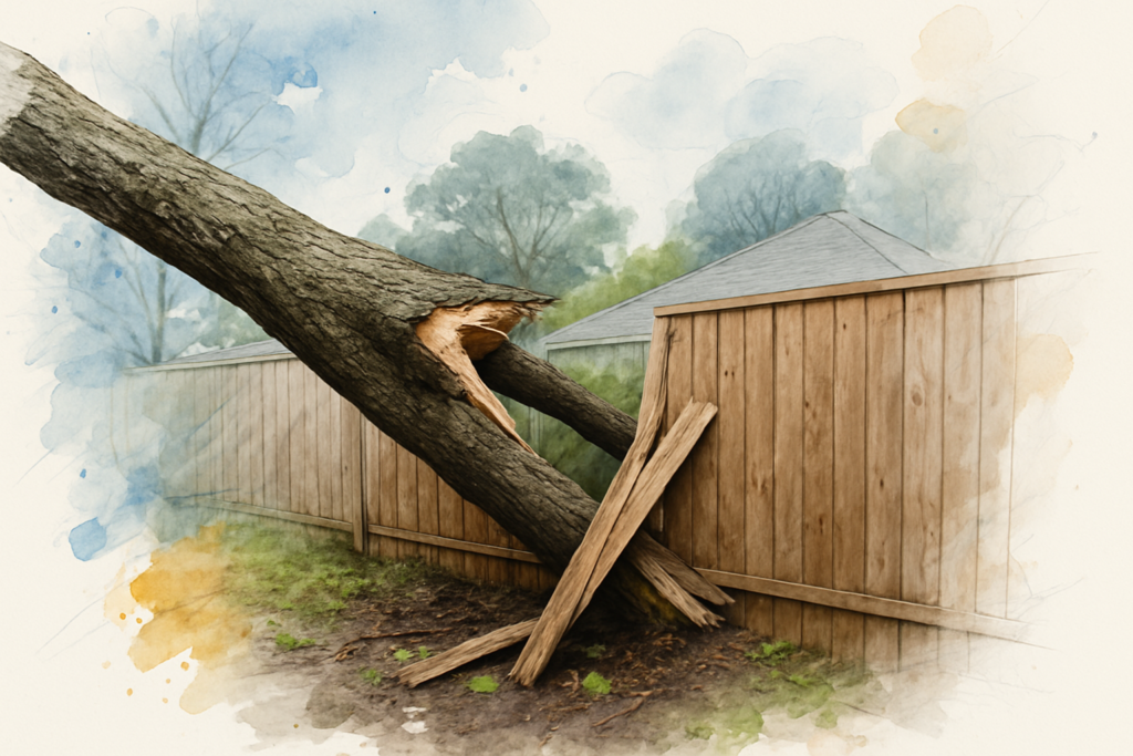 Fallen tree limb crushing a wooden backyard fence after a winter storm, with the broken branch fork exposed