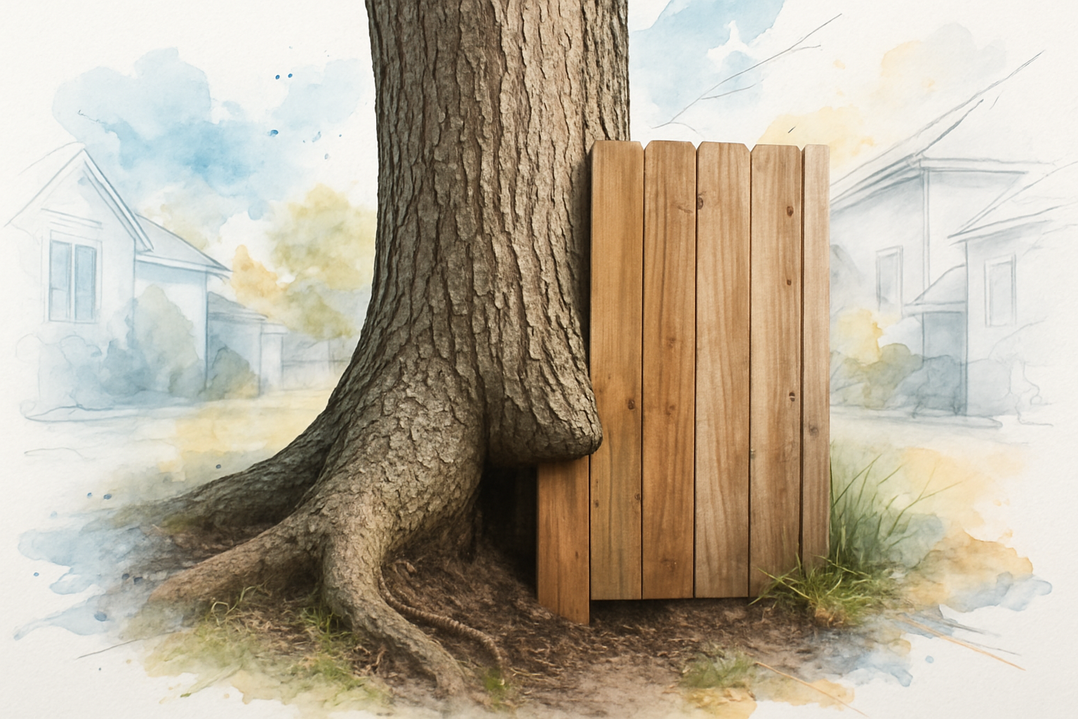 Tree trunk growing directly on a property line with the fence built around it on both sides