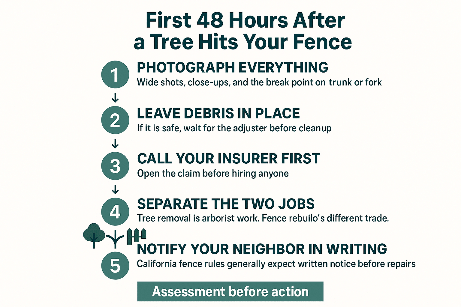 Infographic showing the five steps to take in the first 48 hours after a tree falls on a fence