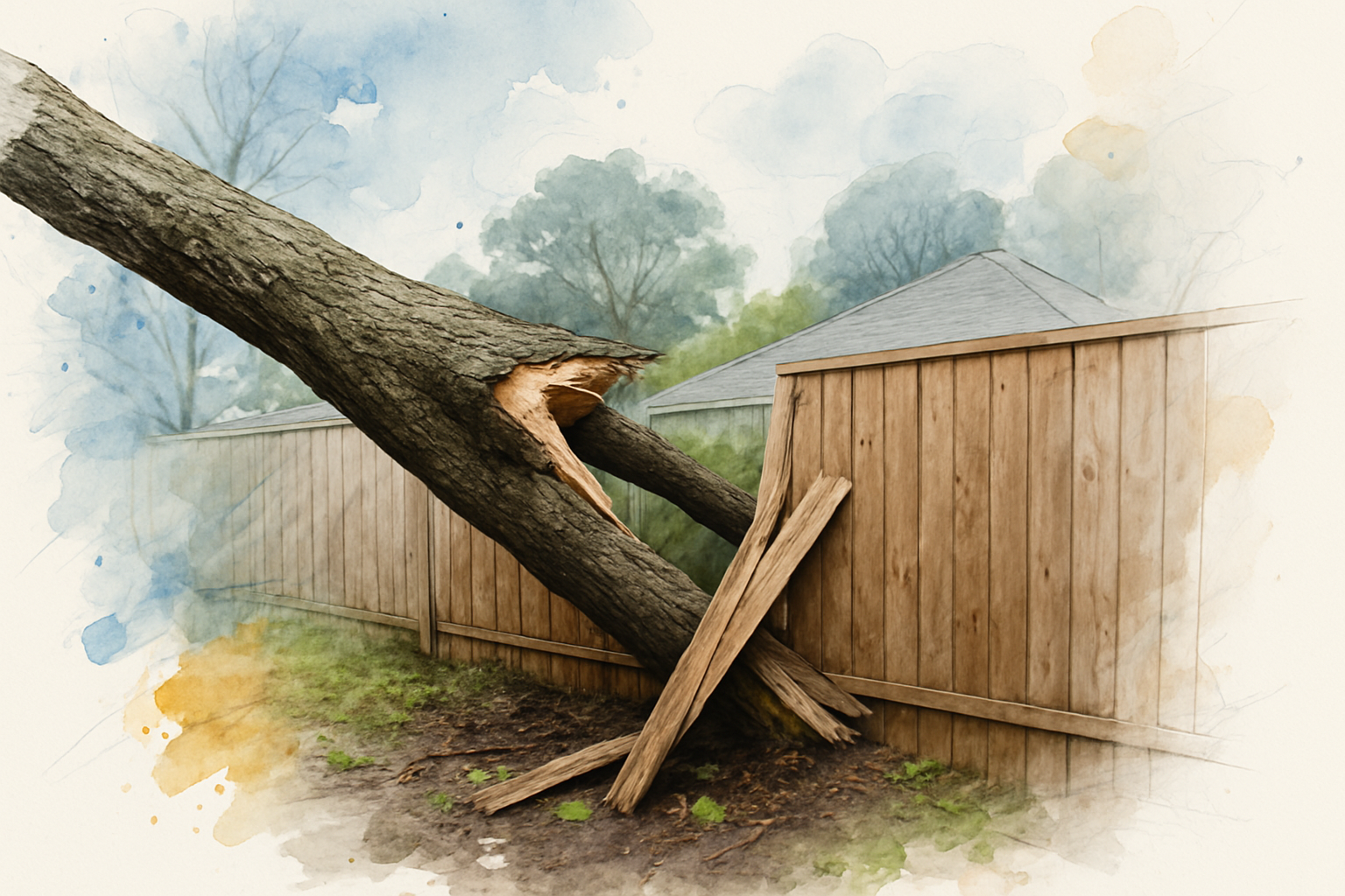 Fallen tree limb crushing a wooden backyard fence after a winter storm, with the broken branch fork exposed