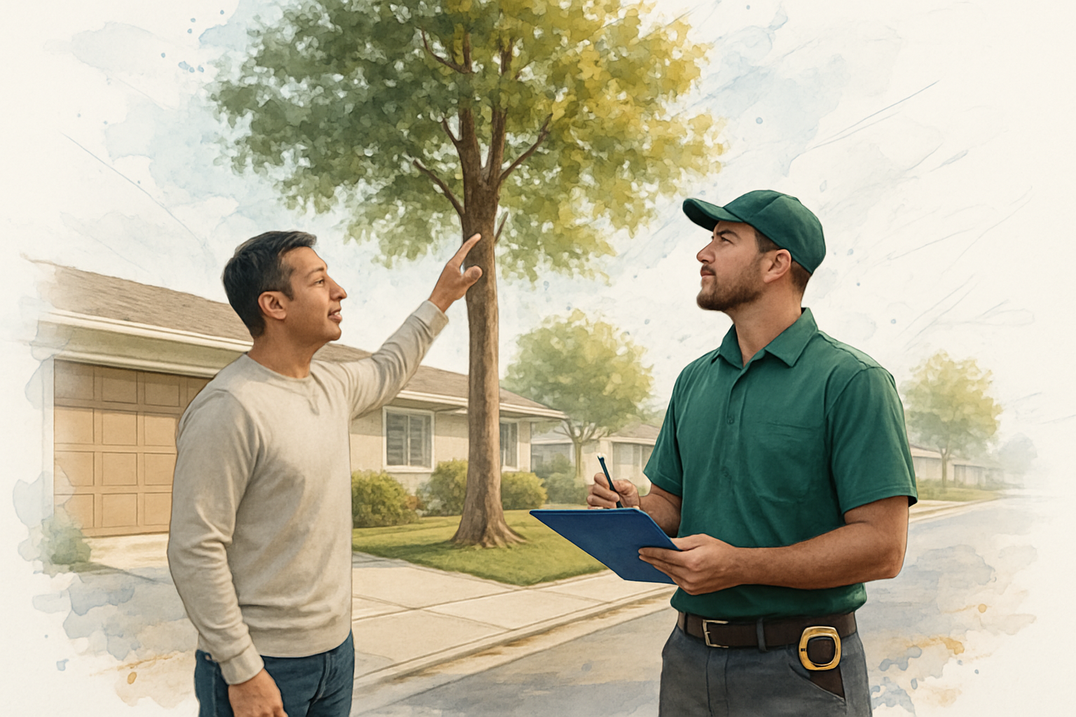 Homeowner pointing at a liquidambar branch while a tree professional takes notes during a driveway estimate visit