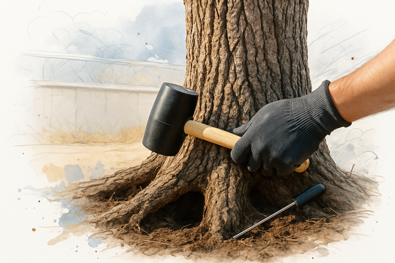 Gloved hand tapping a mallet against an exposed oak root collar during an on-site arborist inspection