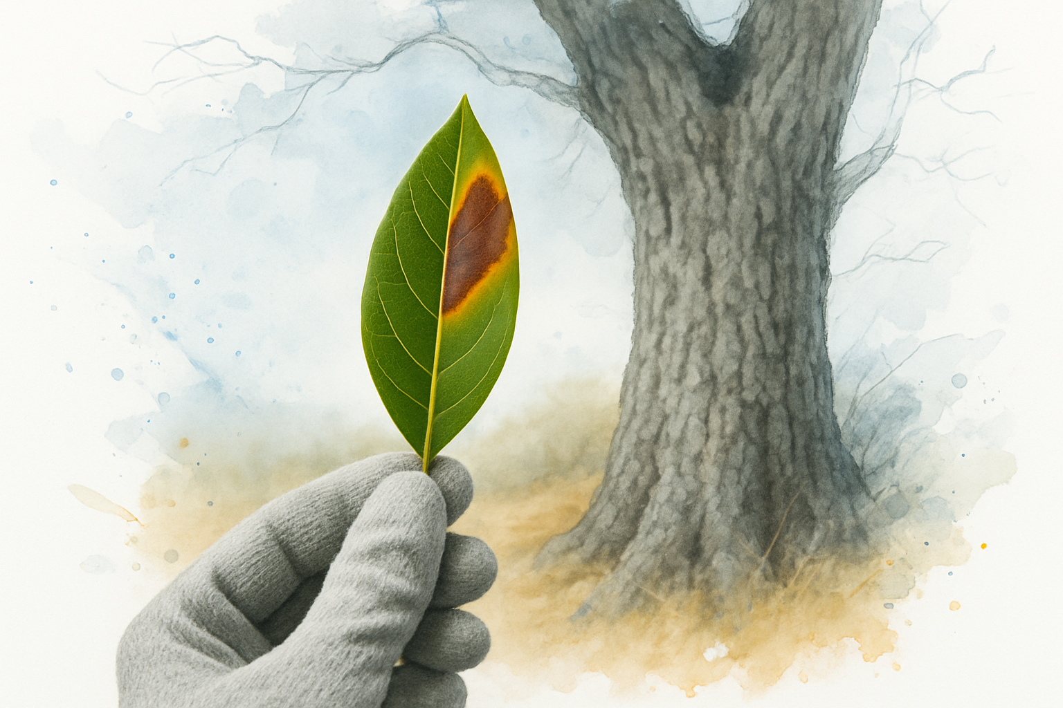 Gloved hand holding a California bay laurel leaf with a brown tip lesion near an oak trunk
