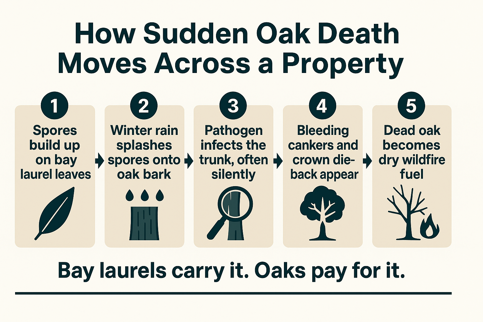Infographic showing how Sudden Oak Death spreads from bay laurel leaves to oak trunks in five steps