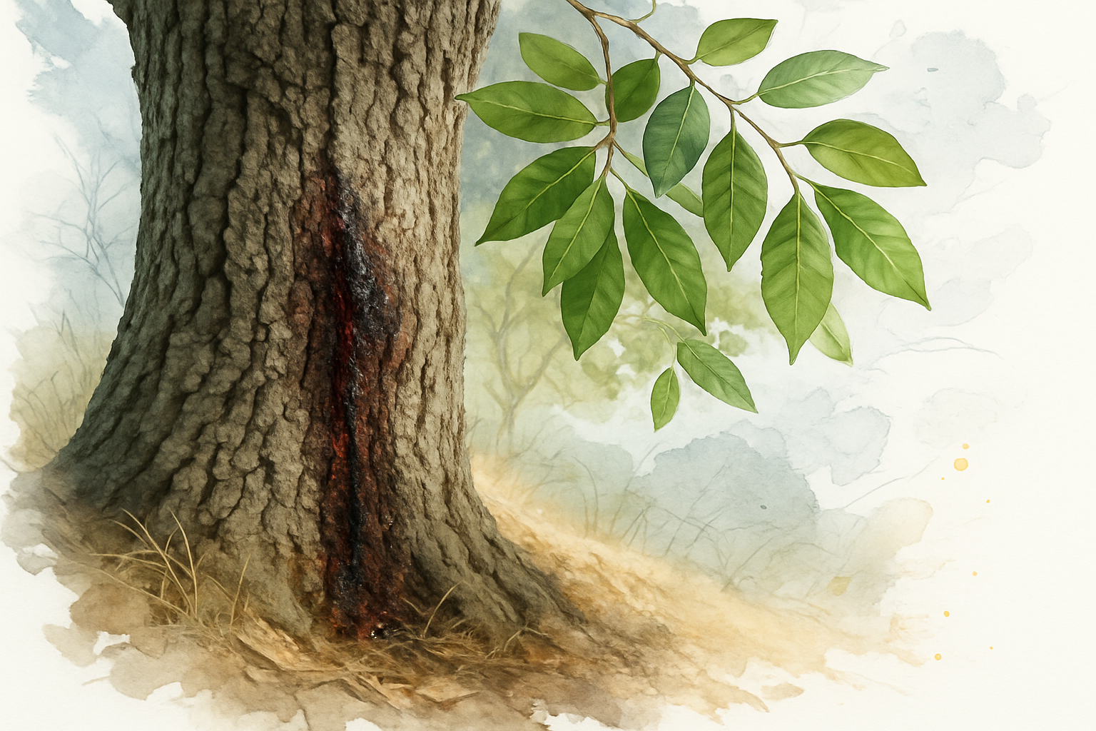 Bleeding canker on a coast live oak trunk with California bay laurel branches overhanging behind it