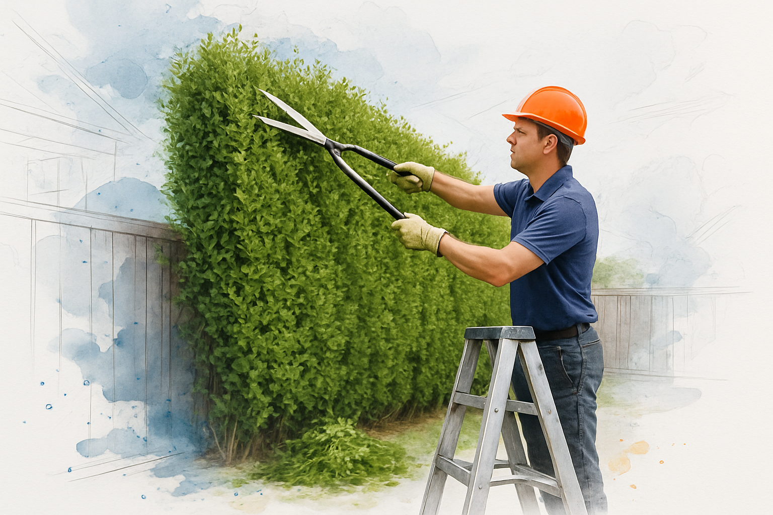 Worker shearing the top of a tall eugenia hedge along a backyard fence with clippings left on the ground below