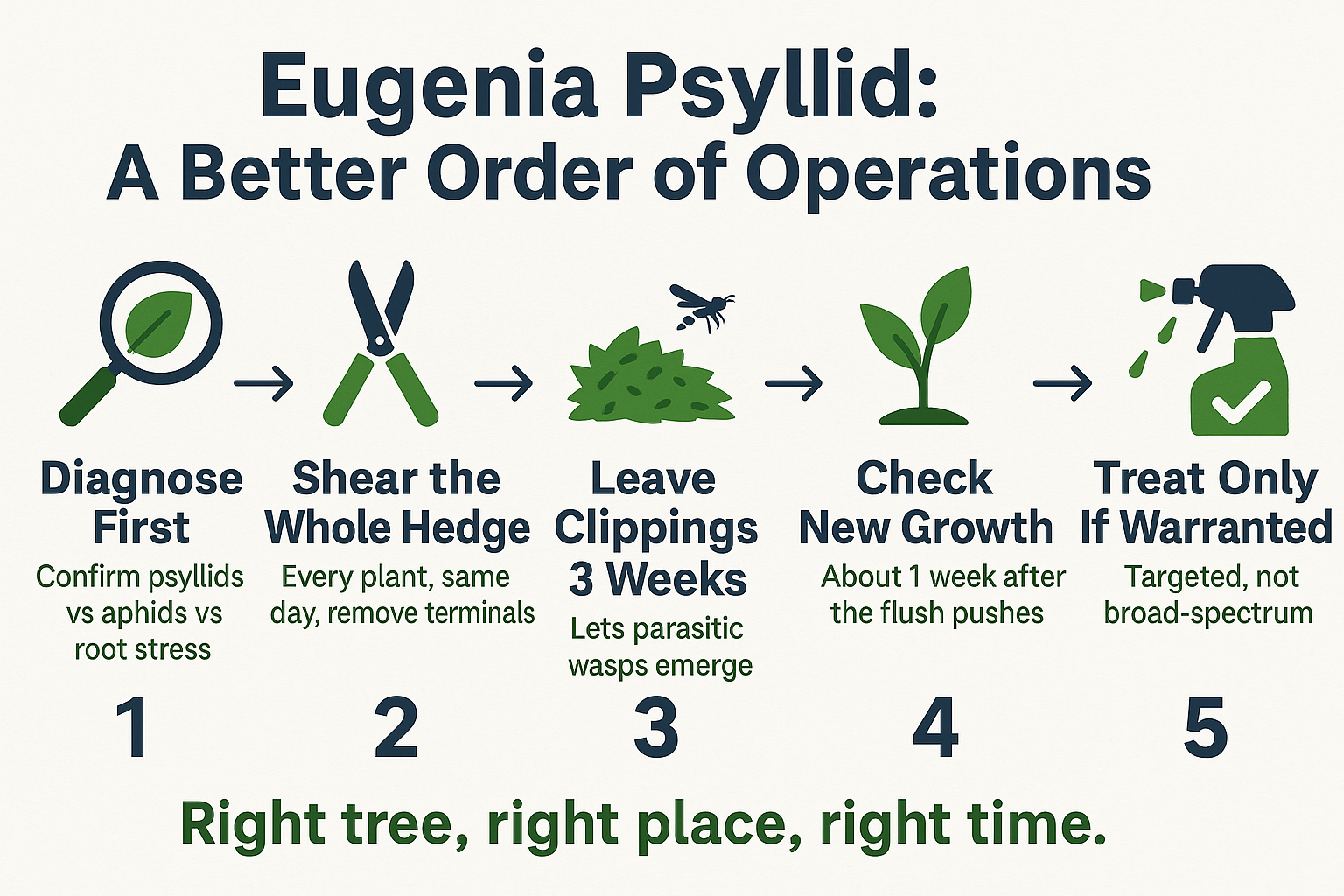 Infographic showing a five-step eugenia psyllid plan from diagnosis to shearing to targeted treatment