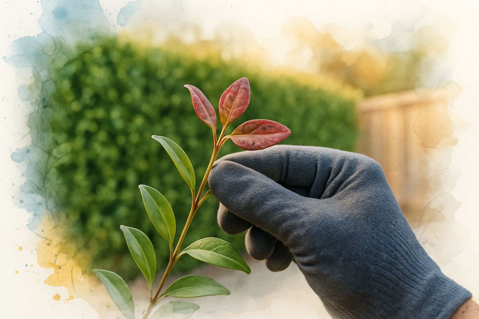 Gloved hand holding a eugenia branch tip showing pitted, cupped new leaves from psyllid feeding on a tall hedge