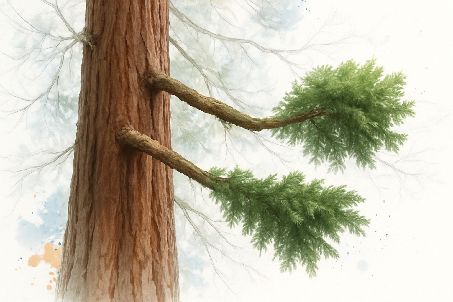 Redwood canopy showing a lion-tailed limb with foliage only at the tip next to a properly foliated limb