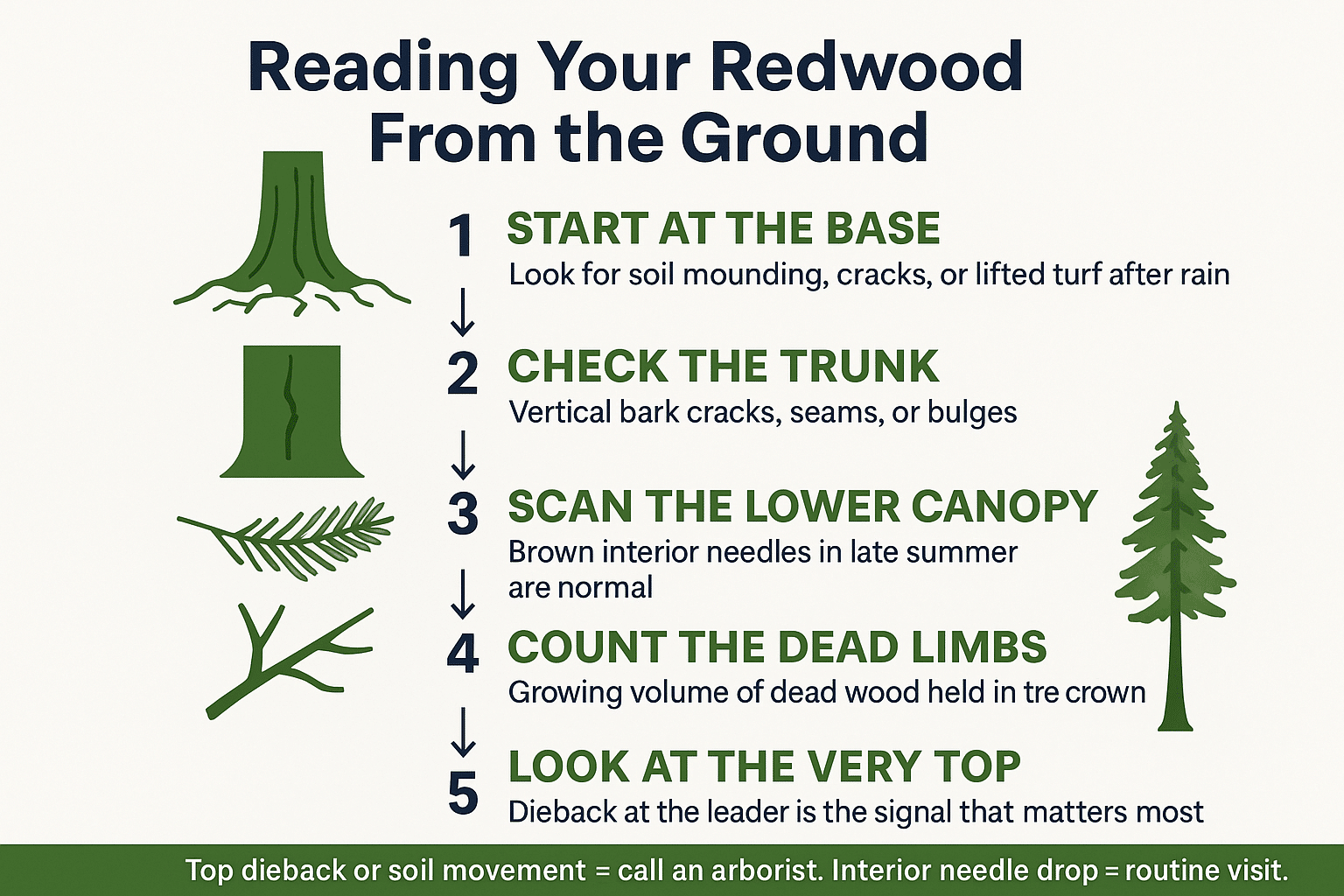 Infographic showing a five-step ground-level check for coast redwood health from base to crown