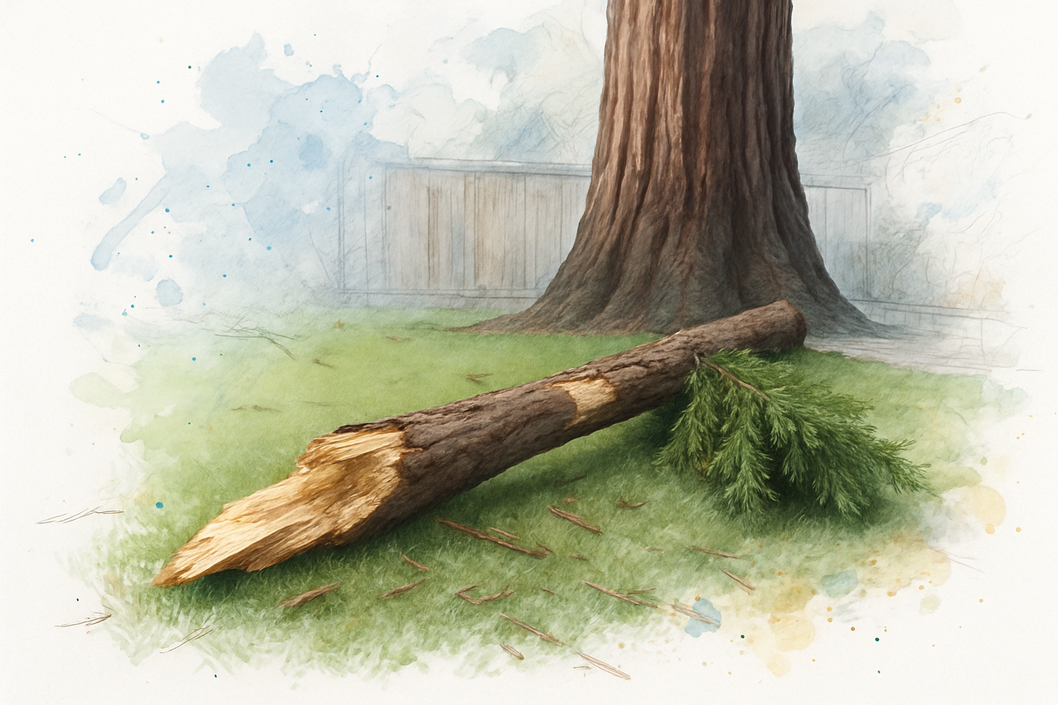 Broken coast redwood limb on a San Jose backyard lawn with foliage still attached at the tip