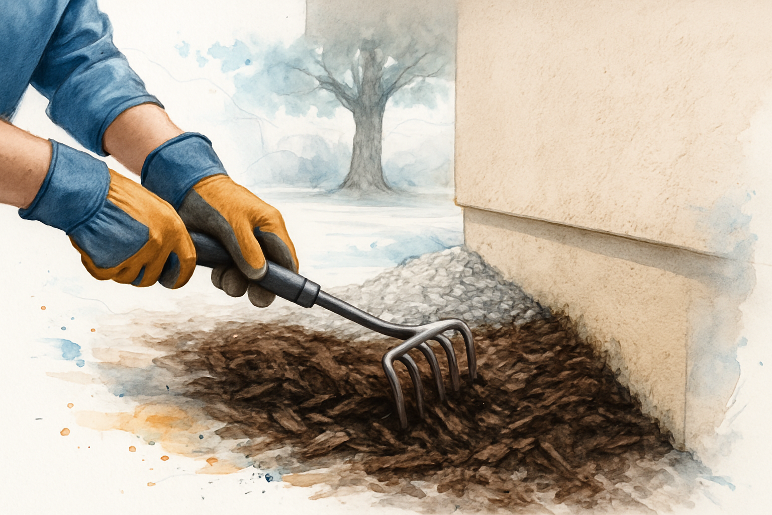Gloved hands raking bark mulch away from a house foundation to replace it with crushed gravel
