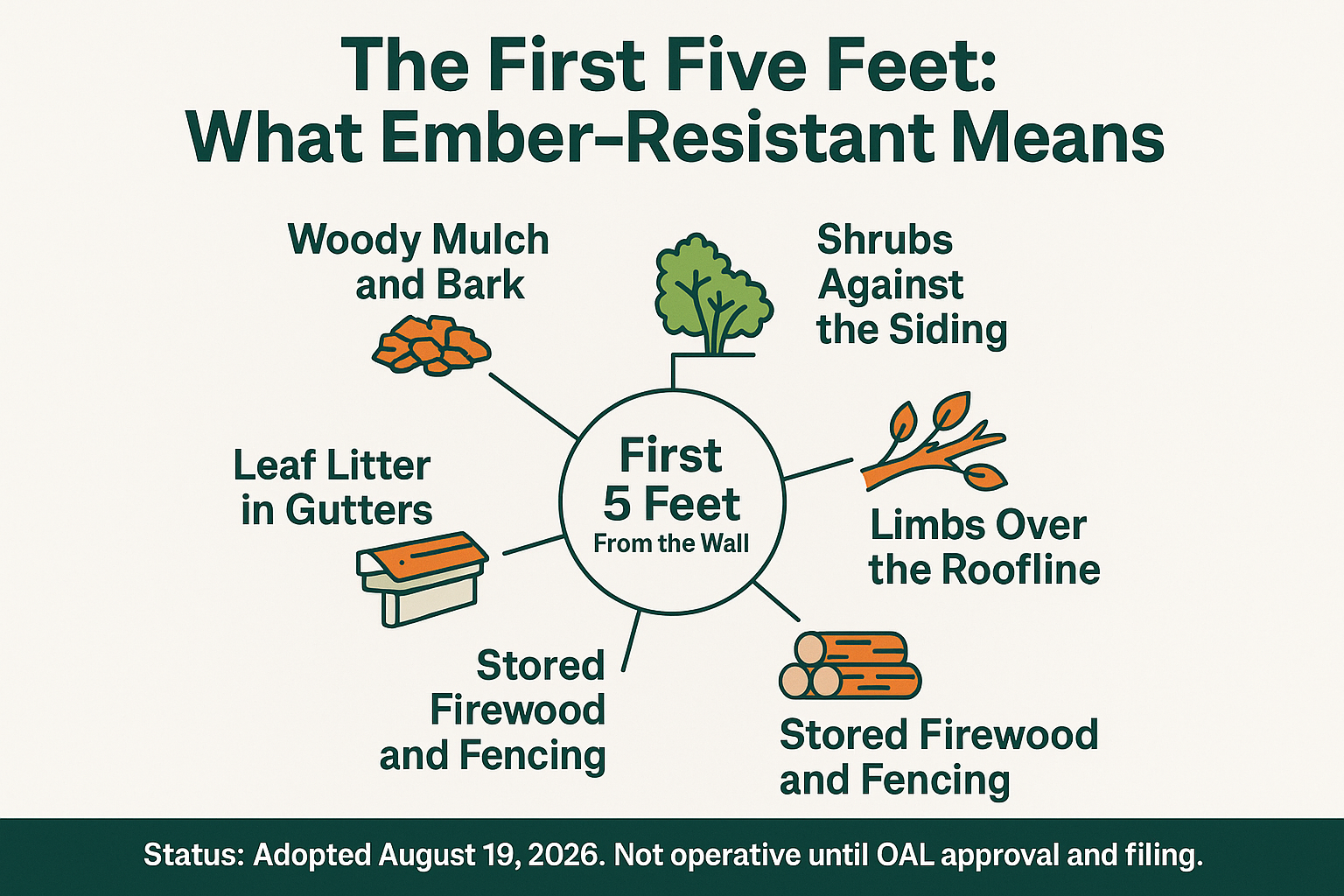Infographic showing the five areas ember-resistant Zone 0 standards focus on within five feet of a house