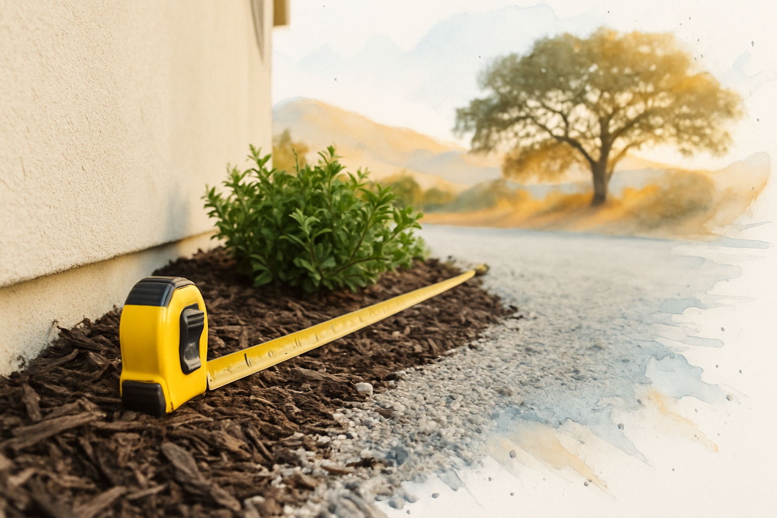 Tape measure stretched five feet from a stucco house wall across bark mulch and gravel in a foothill yard