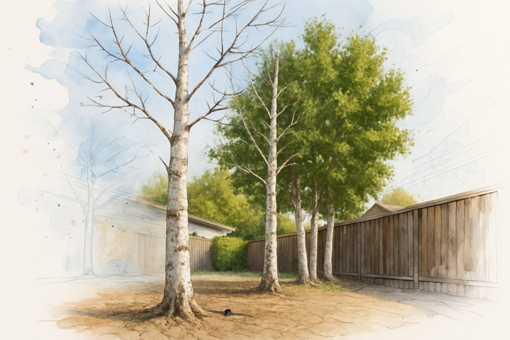 Row of birch trees in a San Jose side yard with the two nearest trees showing thin, bare upper branches