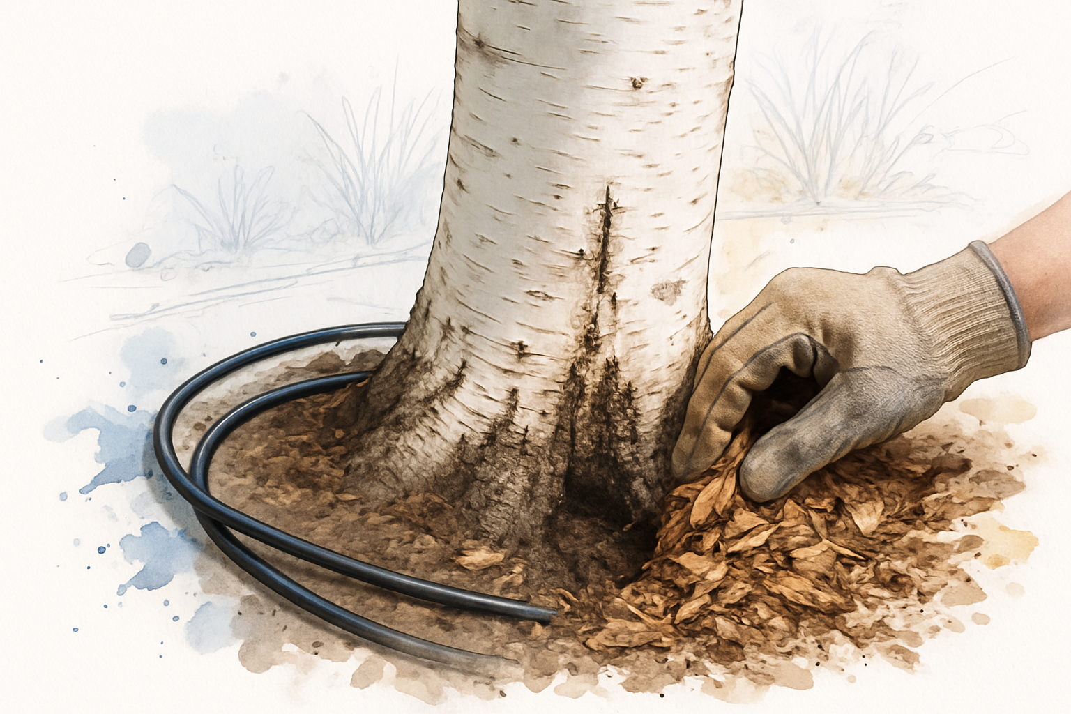 Gloved hand pulling mulch back from a birch root collar to inspect bark and drip irrigation line