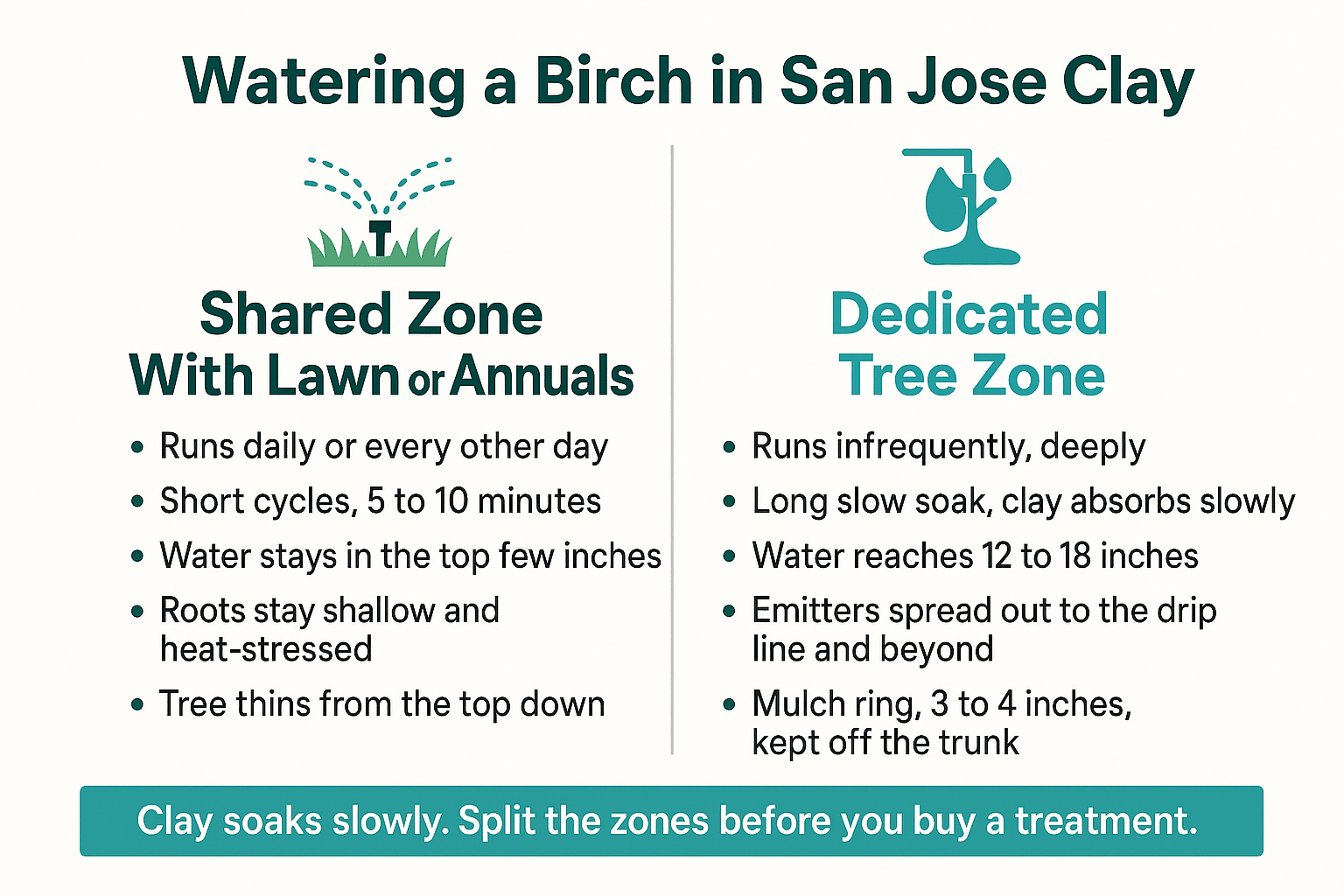 Infographic comparing a shared irrigation zone versus a dedicated tree zone for birch trees in clay soil