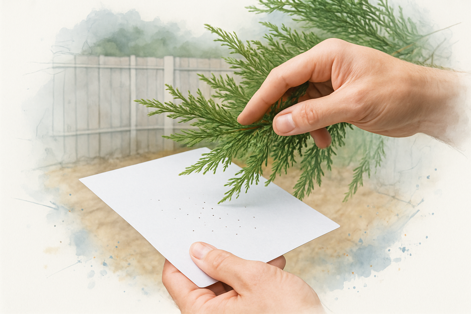 White paper test being used under a cypress branch to check for spider mites in a backyard screen