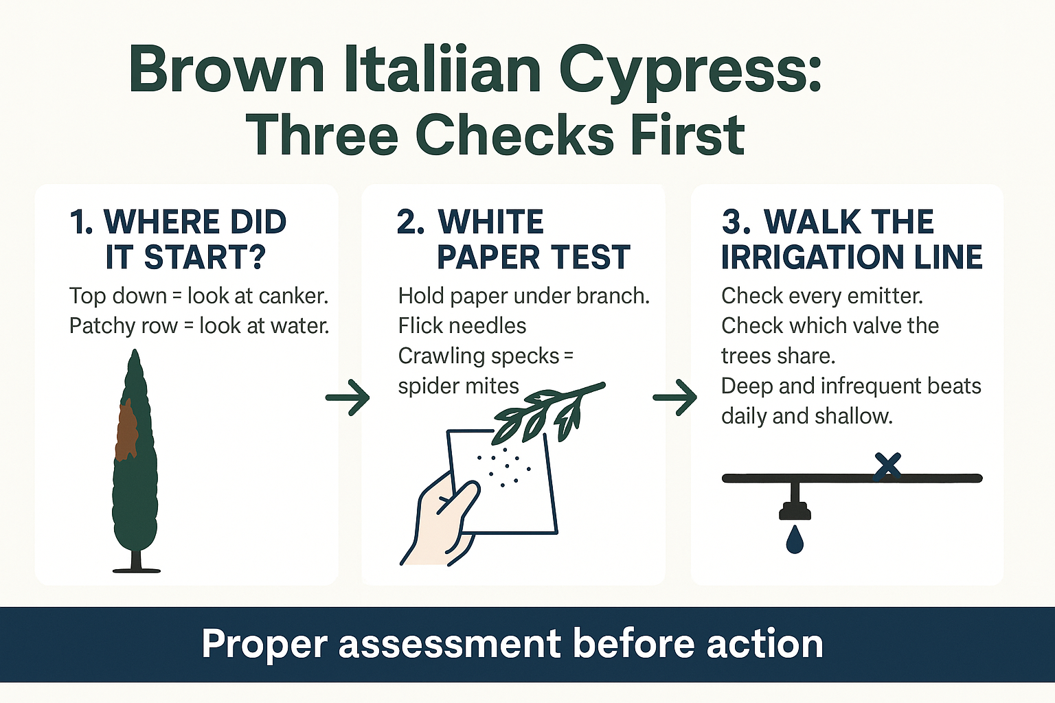Infographic showing three checks for brown Italian cypress: browning pattern, white paper mite test, irrigation line