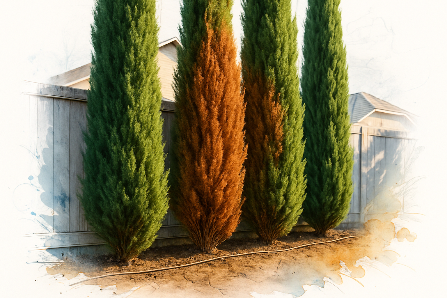 Row of Italian cypress with two brown trees in the middle and green trees on either side along a backyard fence