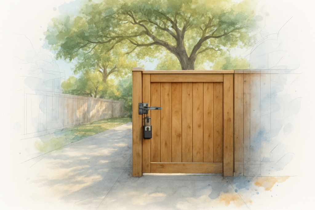 Closed wooden side gate with a lockbox, mature oak canopy overhead, access point for a tree estimate visit