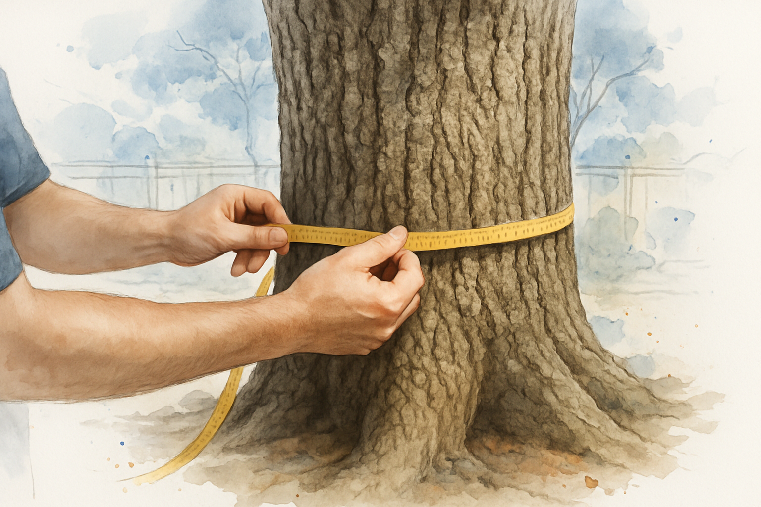 Hands measuring a mature oak trunk with a diameter tape at chest height during a tree assessment