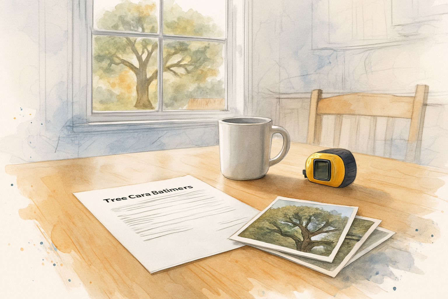 Kitchen table with a blank estimate sheet, printed tree photos, and a tape measure, mature oak visible outside