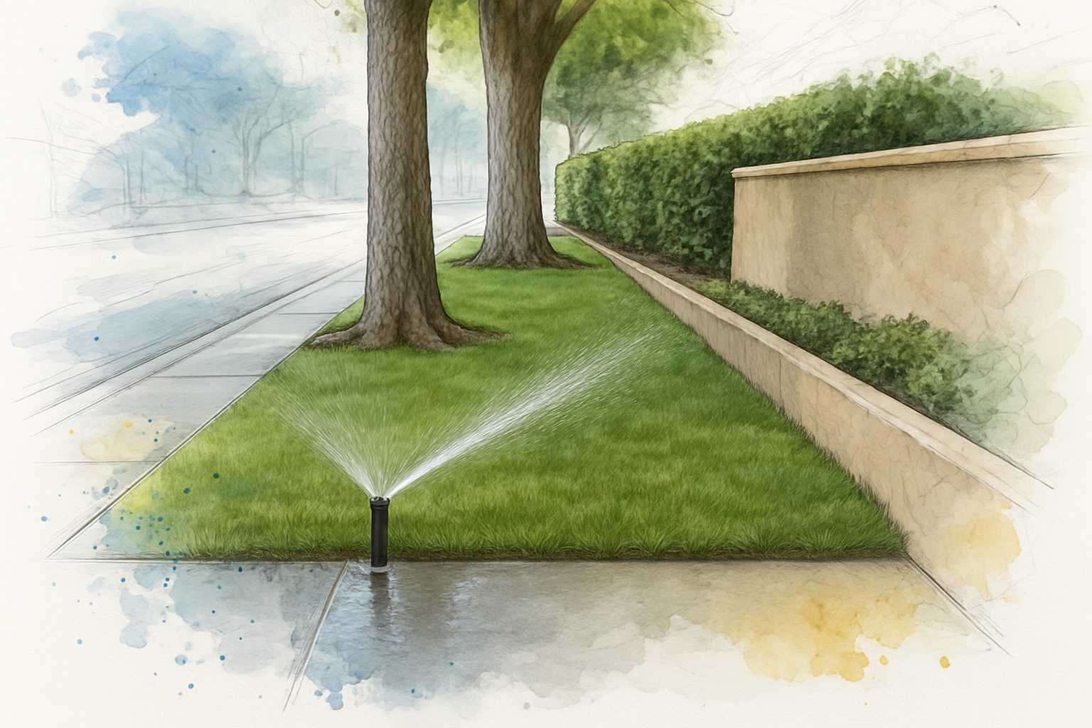 HOA common-area turf strip with sprinkler overspray and two mature trees rooted in the lawn