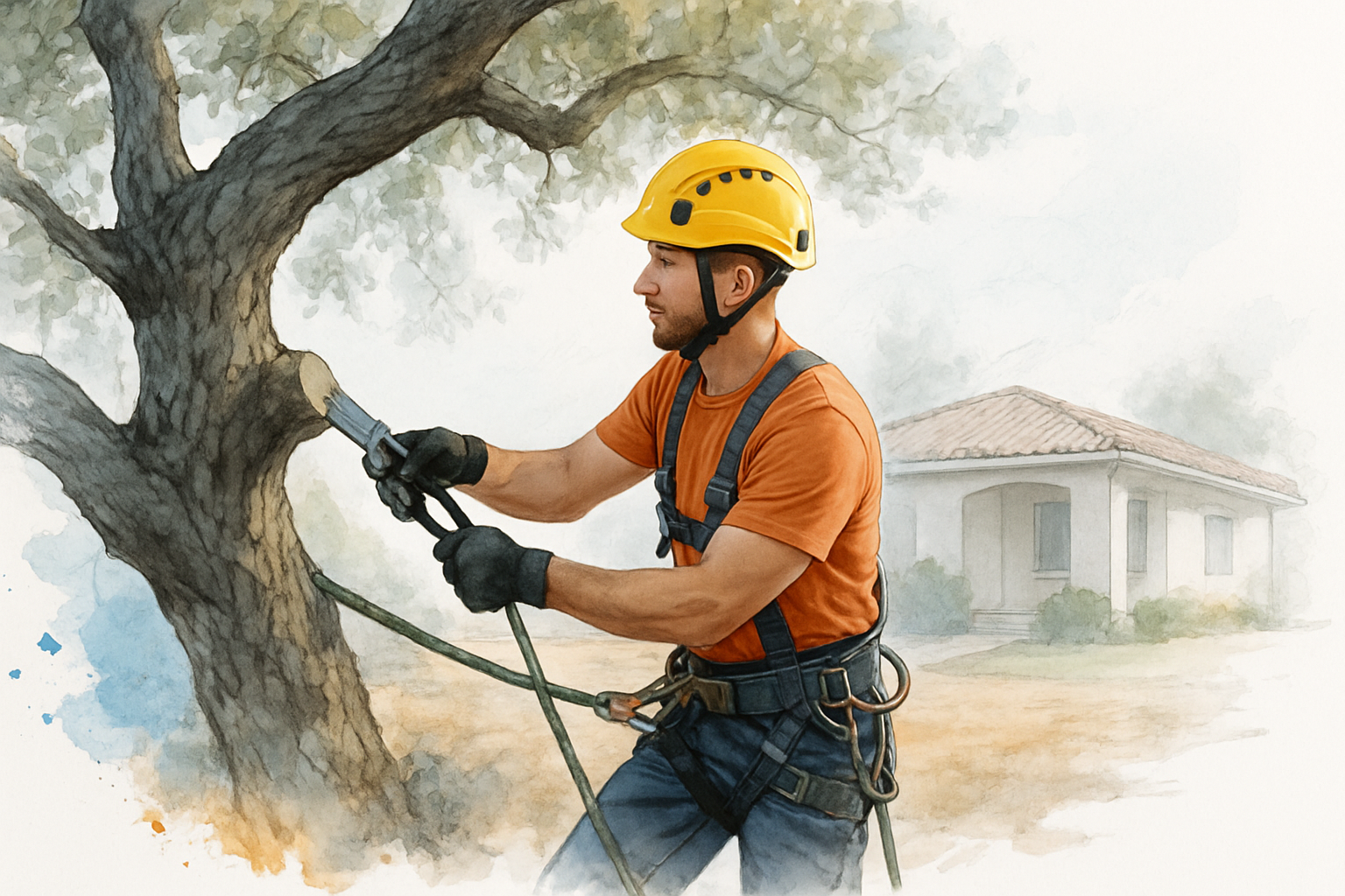 Arborist in helmet and harness pruning a low oak limb above a tile roof with cleared ground beneath the tree