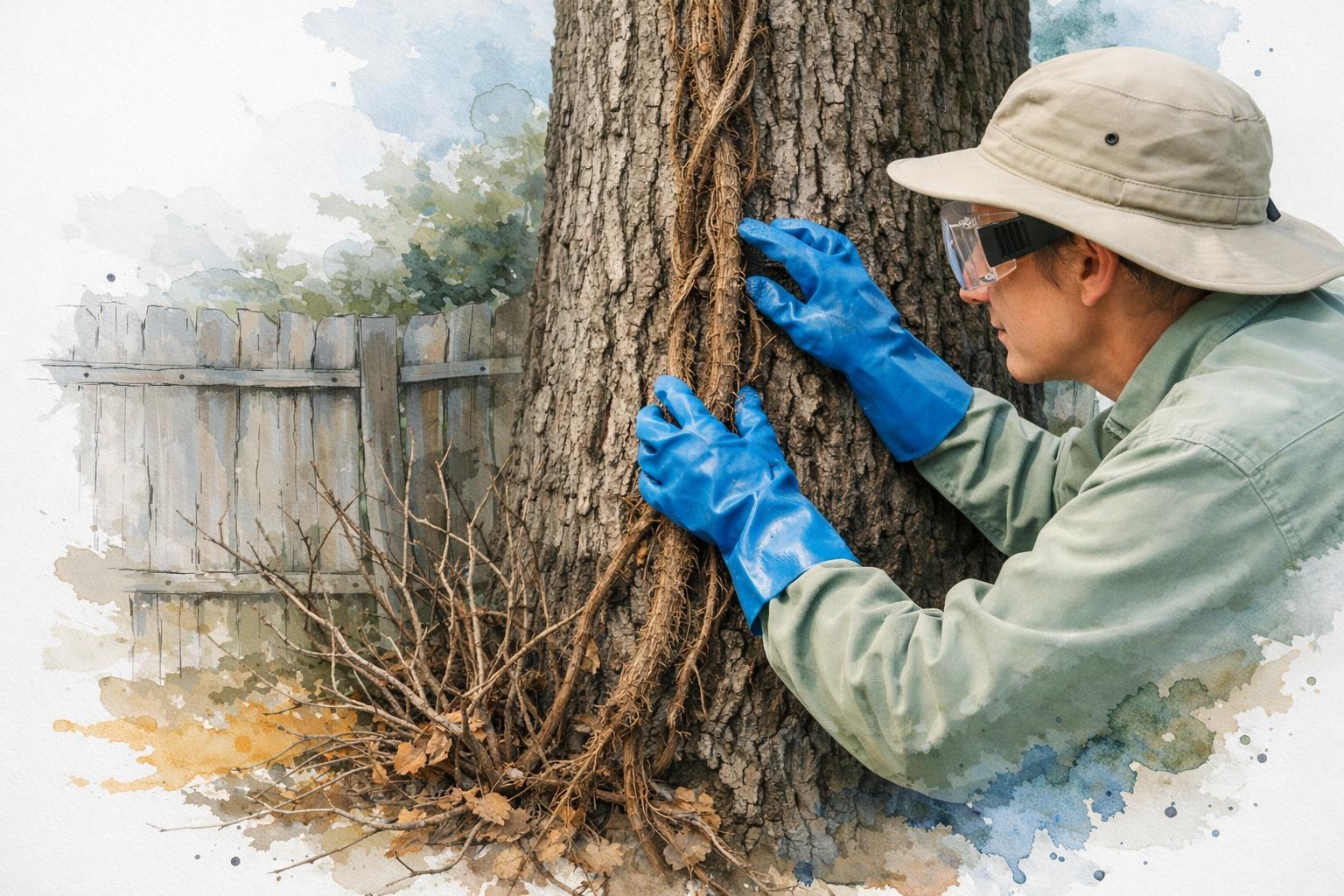 Person in protective gloves examining hairy poison oak vines climbing up a mature coast live oak trunk in a shaded yard