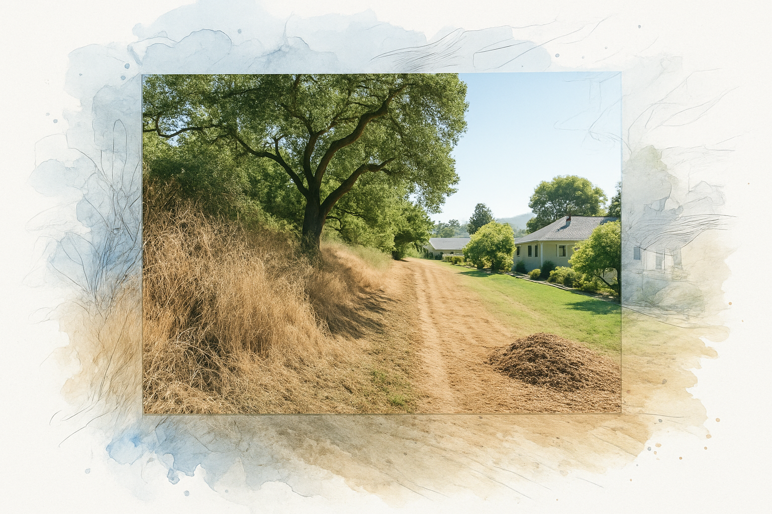 Side by side view of uncleared brush and a cleared, limbed up section of a foothill property