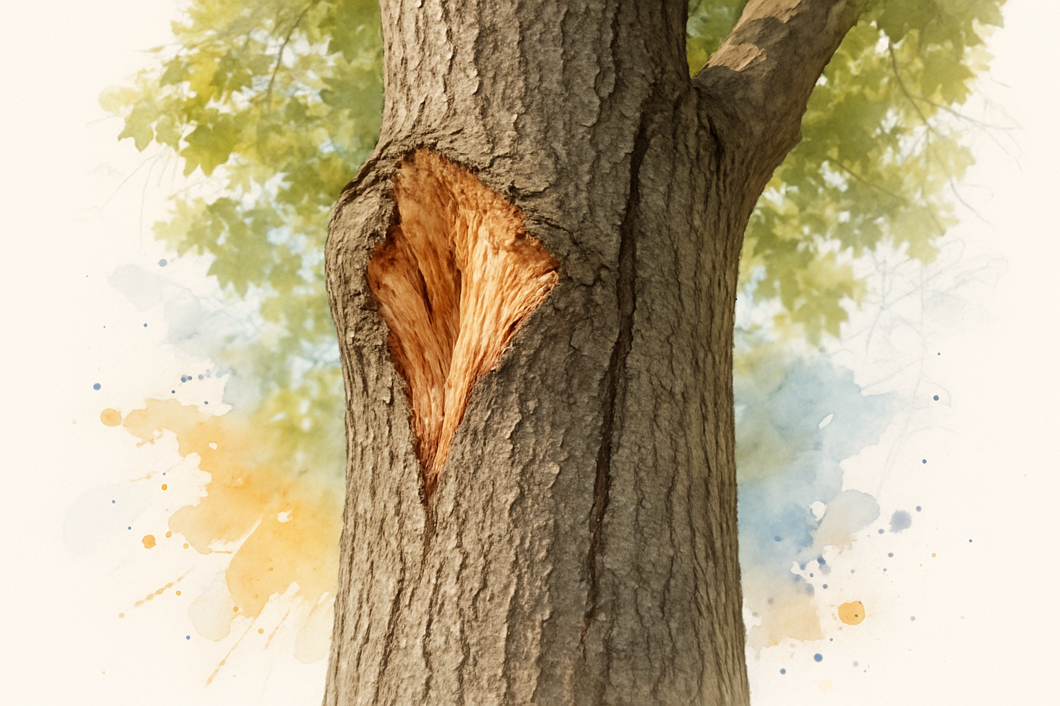 Torn limb attachment on a mature liquidambar trunk showing splintered wood and dark staining