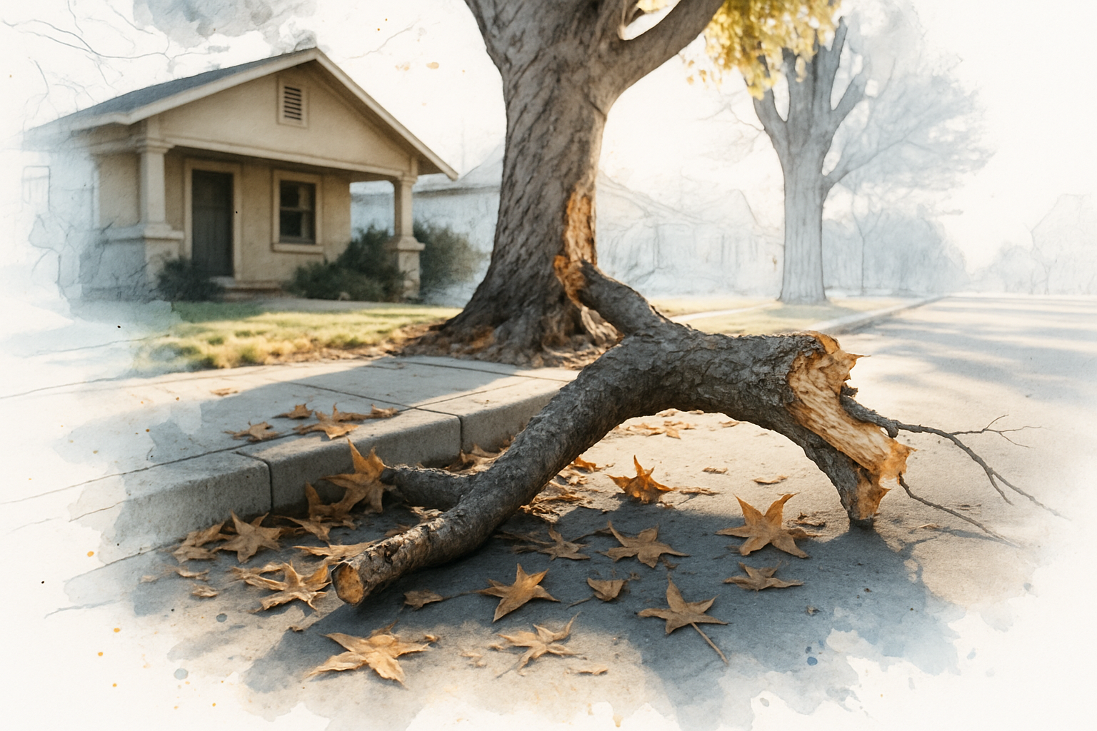 Broken liquidambar street tree limb blocking a residential sidewalk in front of an older San Jose home