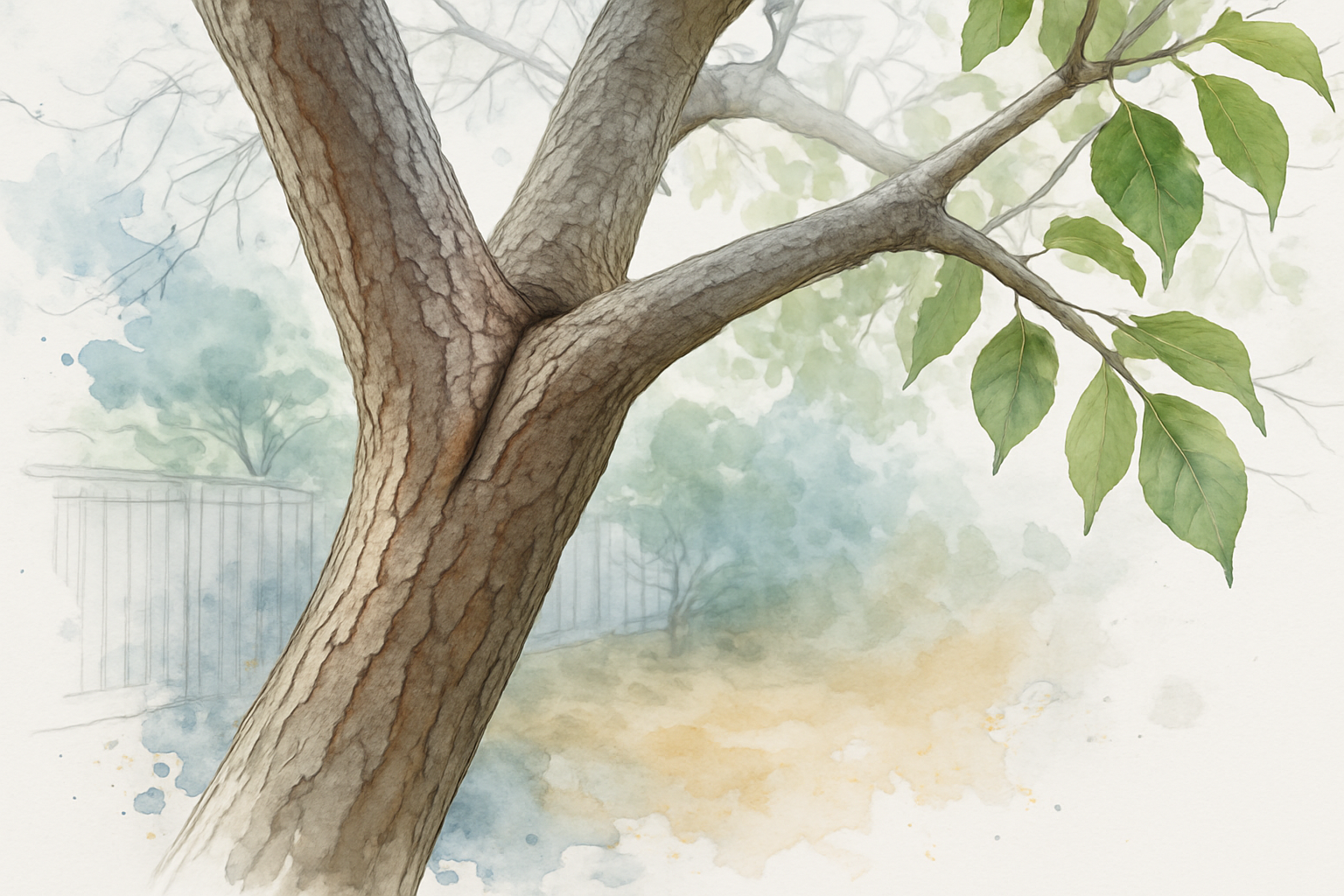 Close view of a narrow branch union on a mature tree with one long heavy limb extending outward
