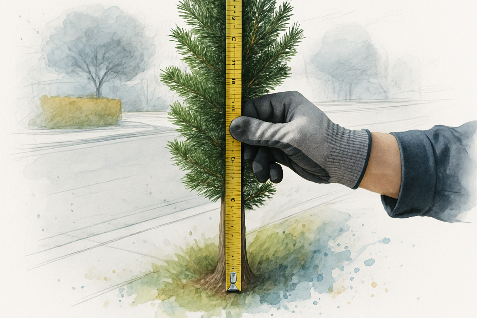 Gloved hand measuring the clear trunk height on a young street tree in a sidewalk planting strip
