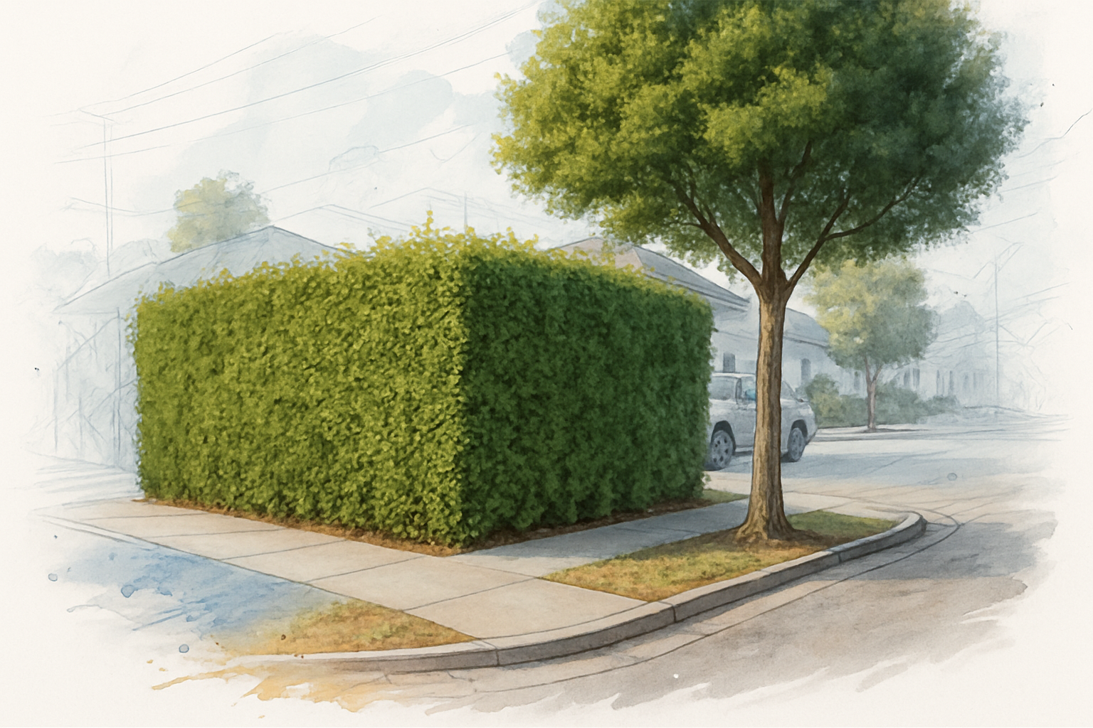 Overgrown corner hedge blocking the view at a residential intersection next to a clear-trunked evergreen tree