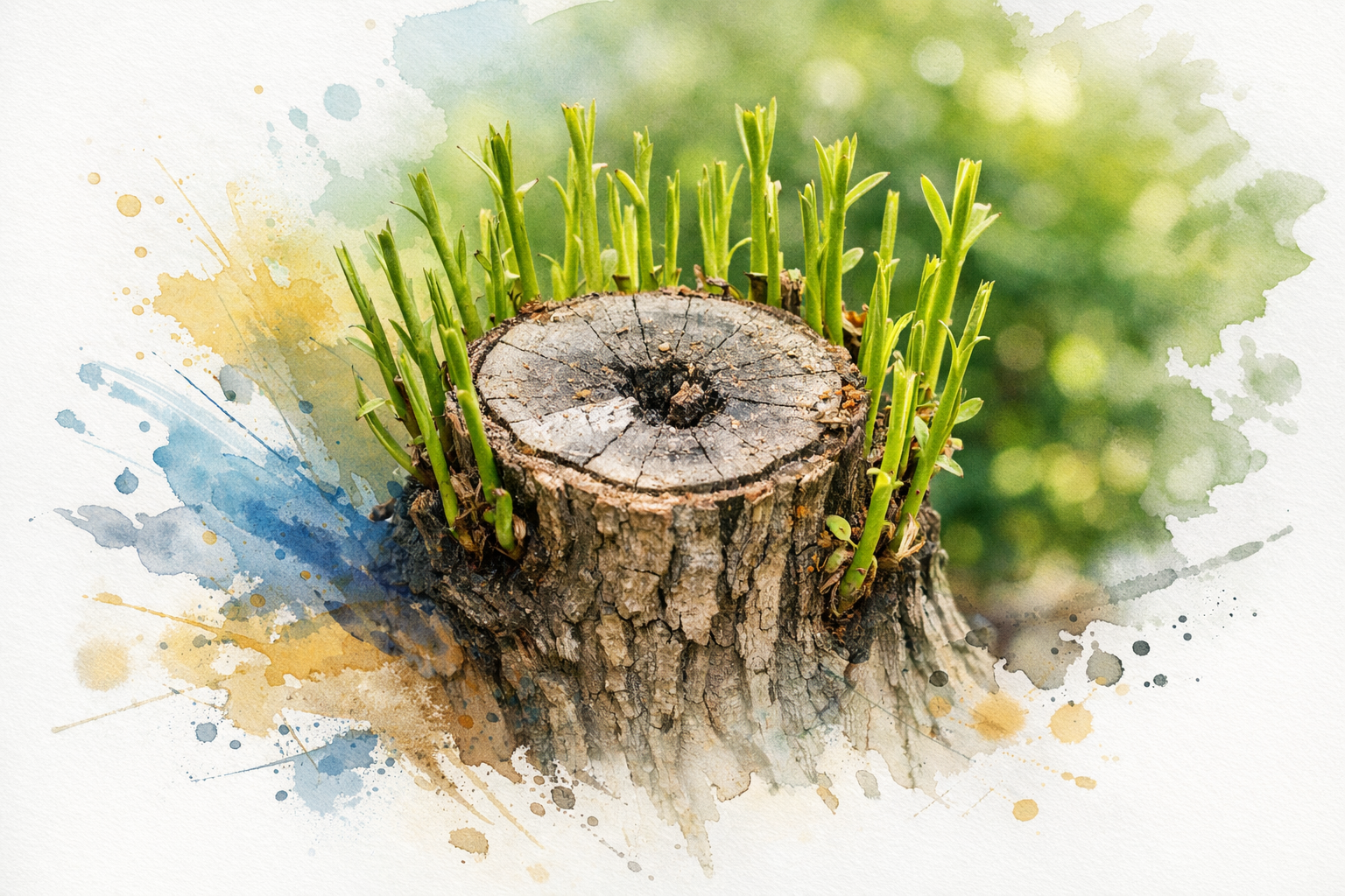 Close-up of a topping cut with decay in the center and a ring of thin new shoots attached at the bark edge