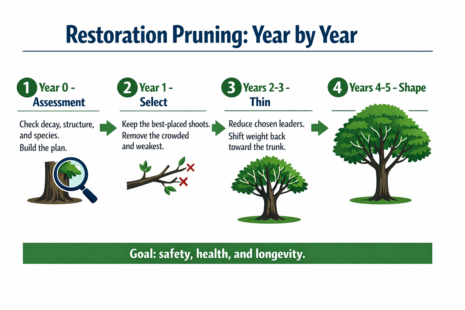 Infographic showing the four-stage restoration pruning timeline from assessment to natural form